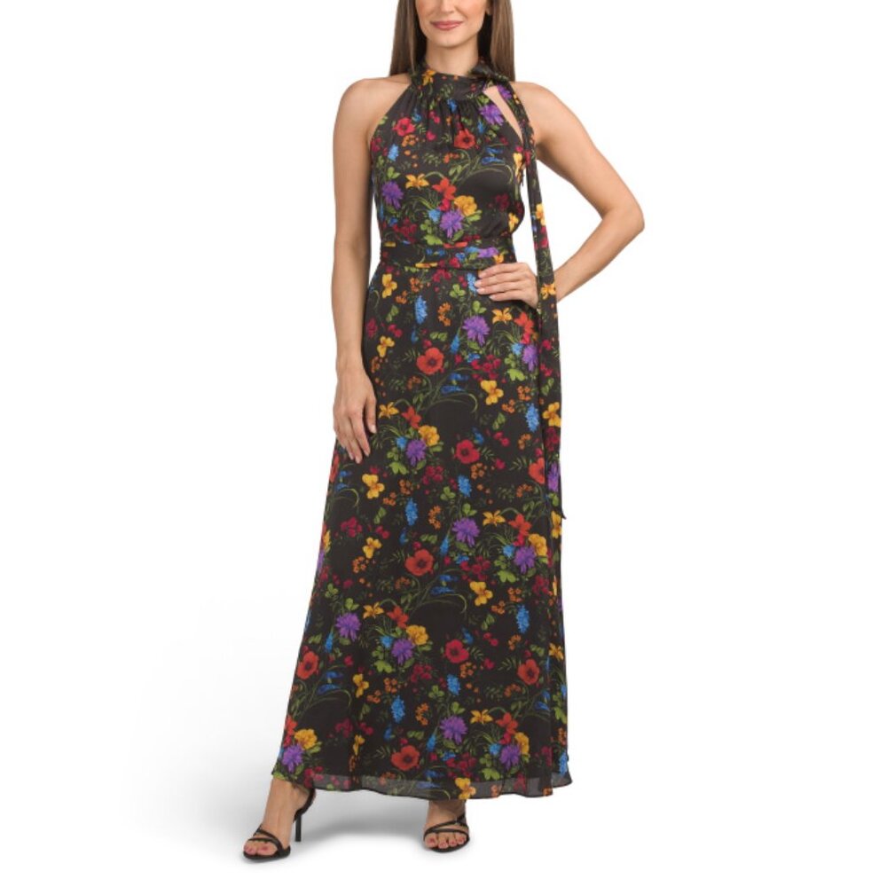 Sachin & Babi | Chiffon Halter Neck Kayla Gown in Noir Wildflower | NWT - Picture 8 of 10